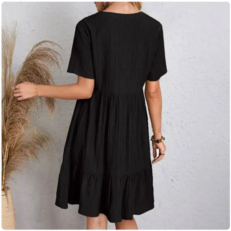 Women Summer Peplum Dresses Spring V-Neck Short Sleeve Loose Waist Ruffle Fit Flare Vocation Dresses-World Bazaar Life