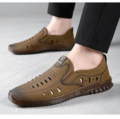 Leather Men's Shoes Thick Soles Breathable Hollow Out Casual Shoes Outdoor Men's Sports Shoes Loafers Shoes Slip On - World Bazaar Life