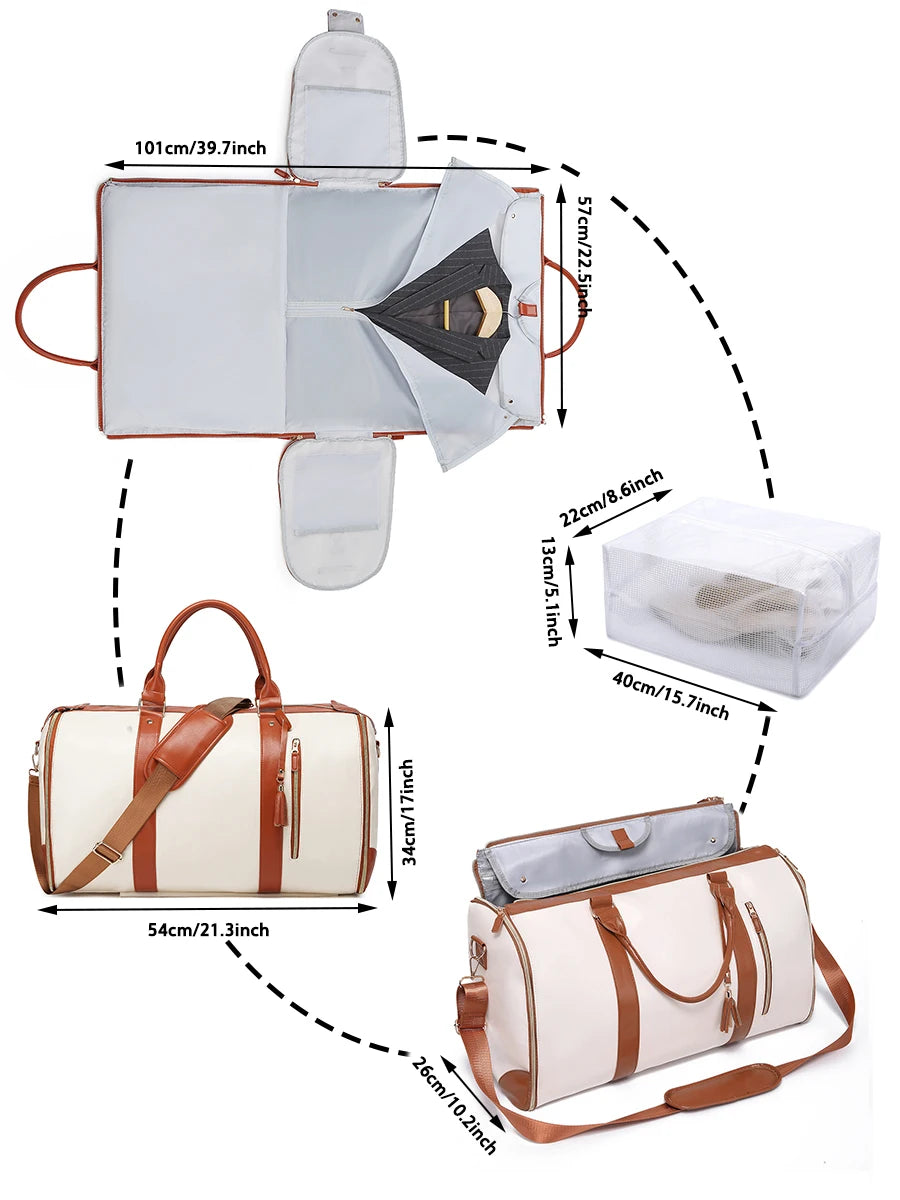55L Large Capacity Waterproof PU Leather Travel Garment Bag with Shoe Pouch, 2-in-1 Carry-On Suit Duffle Bag - World Bazaar Life