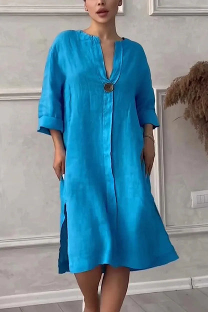 Loose V-neck Two Side Slit Pullover Dress 2024 Women's New Cotton And Linen Solid Color Casual Long-Sleeved Button Maxi Dress