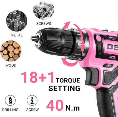 DEKO 20V Pink Cordless Power Drill Set for Women Electric Tool - World Bazaar Life