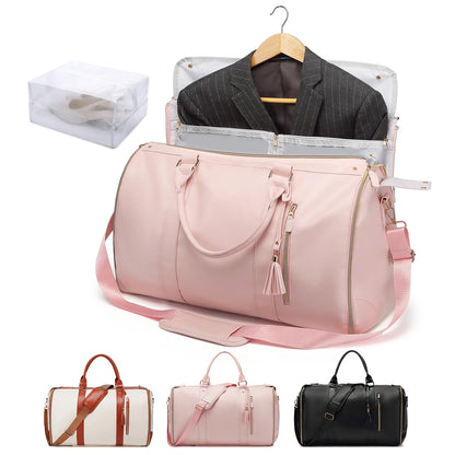 55L Large Capacity Waterproof PU Leather Travel Garment Bag with Shoe Pouch, 2-in-1 Carry-On Suit Duffle Bag - World Bazaar Life