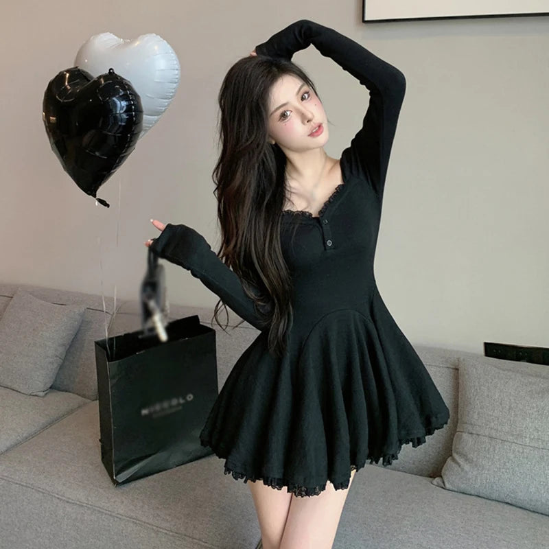 Women Sexy Korean Dress French Style Waist Closed Long Sleeve Collarbone Exposed Sweet-World Bazaar Life