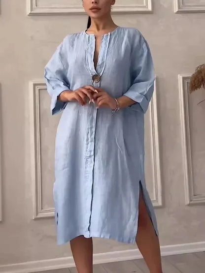 2024 Summer Elegant Cotton Hemp V-Neck Dress – Casual Mid-Length Style