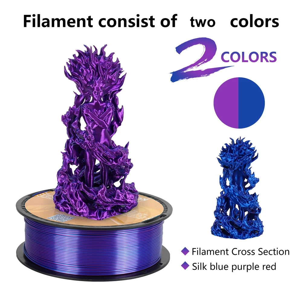 KINGROON Dual-color Silk PLA Filament 1.75mm 2 Color Coextrusion Glossy 3D Printer Filament PLA, 3kg/pack 1kg each spool - World Bazaar Life