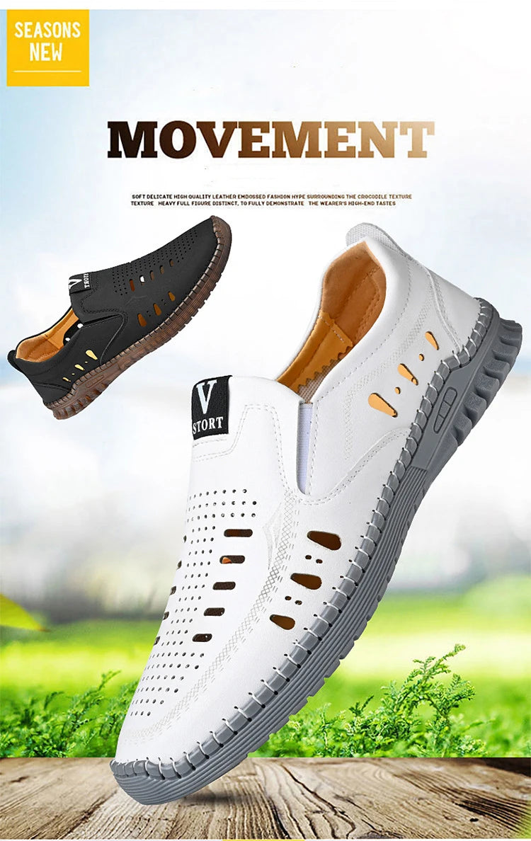 Leather Men's Shoes Thick Soles Breathable Hollow Out Casual Shoes Outdoor Men's Sports Shoes Loafers Shoes Slip On - World Bazaar Life