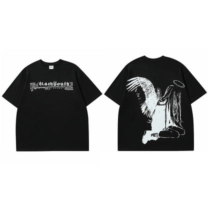 Men Tshirt Streetwear Japanese Harajuku Cartoon Angel Wings Graphic T-Shirt Summer 2024 HipHop T Shirt Anime Tops Tee Cotton Y2K