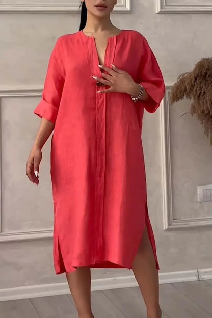 2024 Summer Elegant Cotton Hemp V-Neck Dress – Casual Mid-Length Style