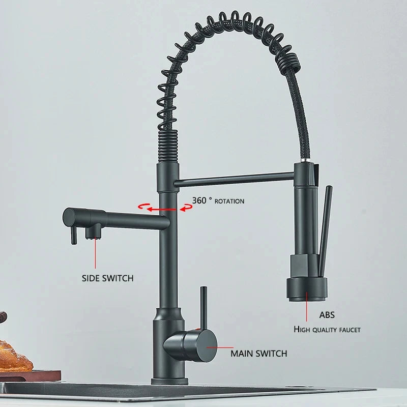 Black Kitchen Sink Faucet Pull Down Hot and Cold Water Mixer2 Mode Tap with Dual Spout 360 Rotation Flexible Deck Mounted - World Bazaar Life