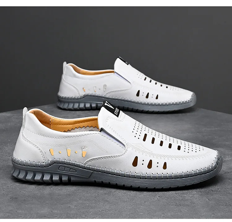 Leather Men's Shoes Thick Soles Breathable Hollow Out Casual Shoes Outdoor Men's Sports Shoes Loafers Shoes Slip On - World Bazaar Life