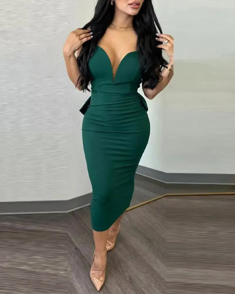 Kadınlar için Şık V Yaka Sırtı Açık Midi Elbise 2025 Bahar Kolsuz Fiyonk Seksi Parti Doğum Günü Dar Elbiseler Vestidos