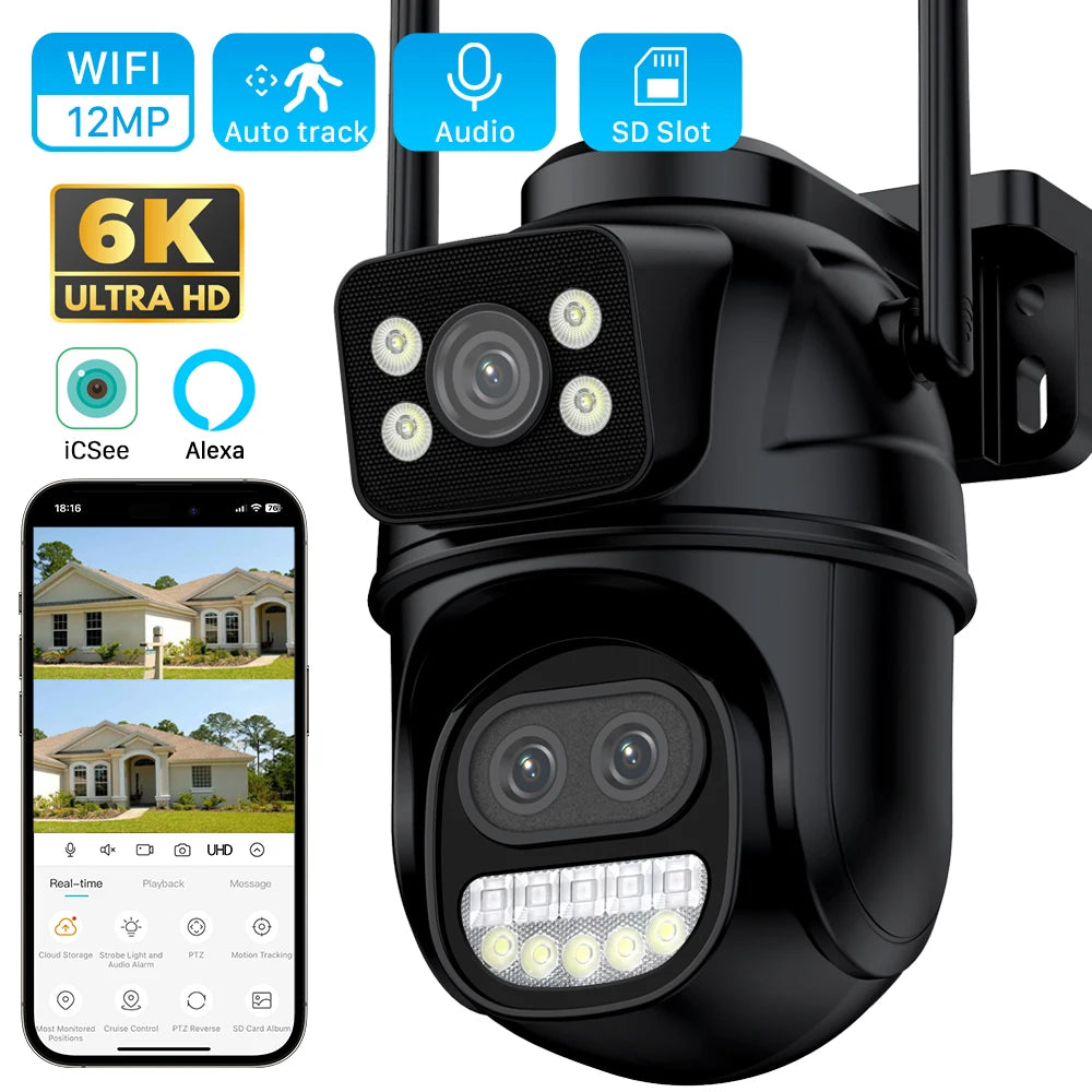 6K 12MP Outdoor Wifi Camera PTZ 8X Optical Zoom Three Lens Dual Screens Video Surveillance 8MP Dual Lens CCTV Security IP Camera-World Bazaar Life