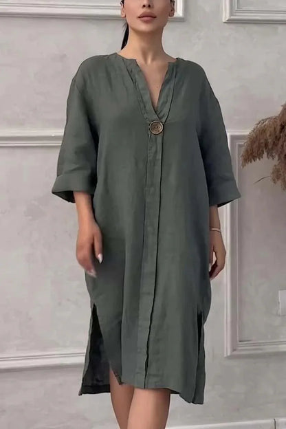 Loose V-neck Two Side Slit Pullover Dress 2024 Women's New Cotton And Linen Solid Color Casual Long-Sleeved Button Maxi Dress
