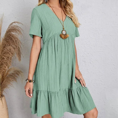 Women Summer Peplum Dresses Spring V-Neck Short Sleeve Loose Waist Ruffle Fit Flare Vocation Dresses-World Bazaar Life