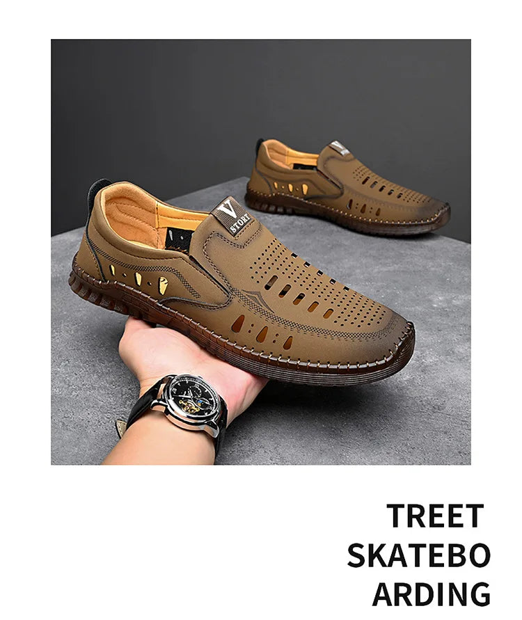 Leather Men's Shoes Thick Soles Breathable Hollow Out Casual Shoes Outdoor Men's Sports Shoes Loafers Shoes Slip On - World Bazaar Life