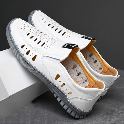 Leather Men's Shoes Thick Soles Breathable Hollow Out Casual Shoes Outdoor Men's Sports Shoes Loafers Shoes Slip On - World Bazaar Life