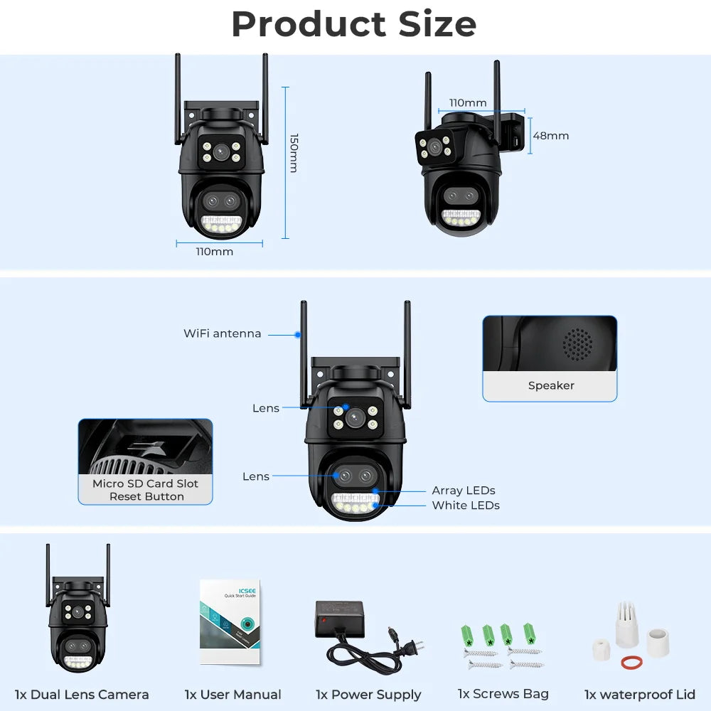 6K 12MP Outdoor Wifi Camera PTZ 8X Optical Zoom Three Lens Dual Screens Video Surveillance 8MP Dual Lens CCTV Security IP Camera-World Bazaar Life