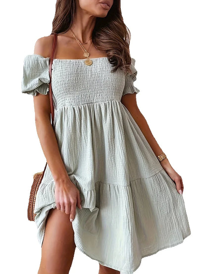 2025 Spring Summer Women's Casual Off-Shoulder Dress with Ruching, Bubble Sleeves, Midi-Length, Stretchy, Elegant Ruffles