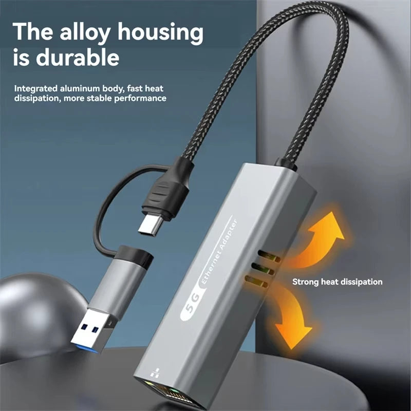 USB 3.2 Type C To RJ45 Network Card 5Gbps USB to Ethernet Adapter 100/1000/5000Mbps RJ45 Lan Gigabit Converter For PC Laptop - World Bazaar Life