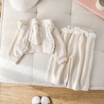 Girls Kids Clothing Suits Autumn New Girl Baby Sportswear Long Ears Lace Overcoats Pants Outfits Fashion Cute Children Coat Sets-World Bazaar Life