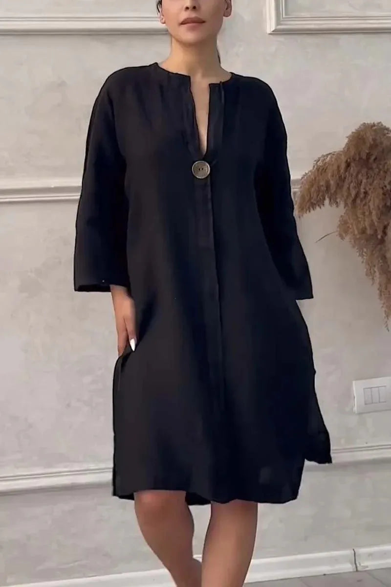 2024 Summer Elegant Cotton Hemp V-Neck Dress – Casual Mid-Length Style