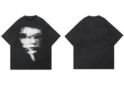 Hip Hop 2024 Summer Washed Black T-Shirt Streetwear Graphic Blurry Face T Shirt Cotton Unisex Men's Tshirt Tops Y2k Tees Hipster
