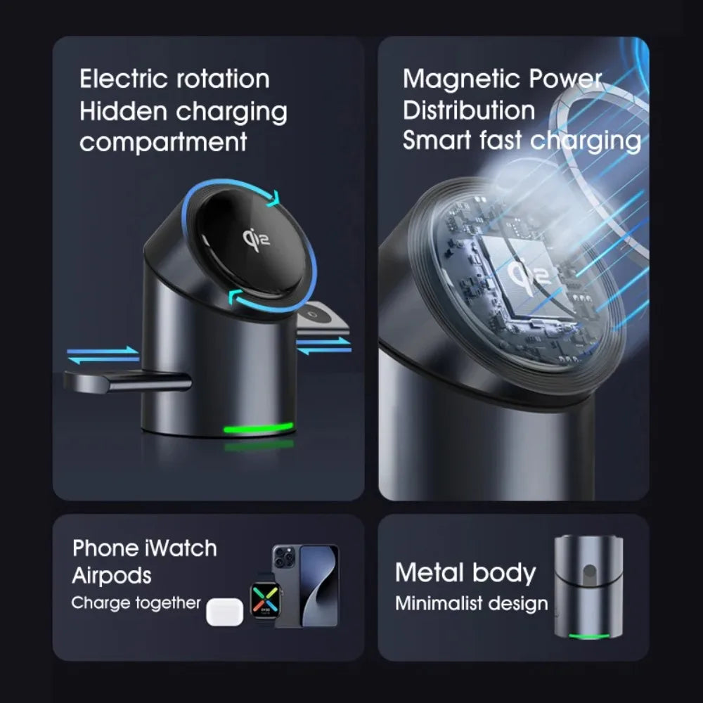 Qi2 3 in 1 15W Wireless Charger Touch Magnetic Roating Fast Charging Base for Iphone 14 16 15 Pro Max Desk Accessories Gifts