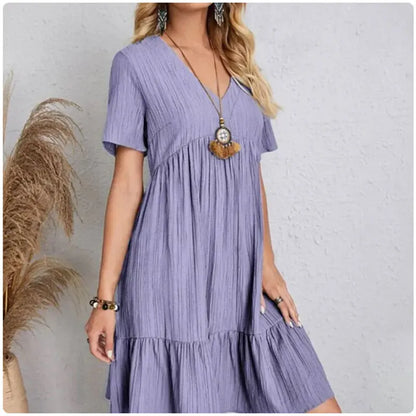Women Summer Peplum Dresses Spring V-Neck Short Sleeve Loose Waist Ruffle Fit Flare Vocation Dresses-World Bazaar Life