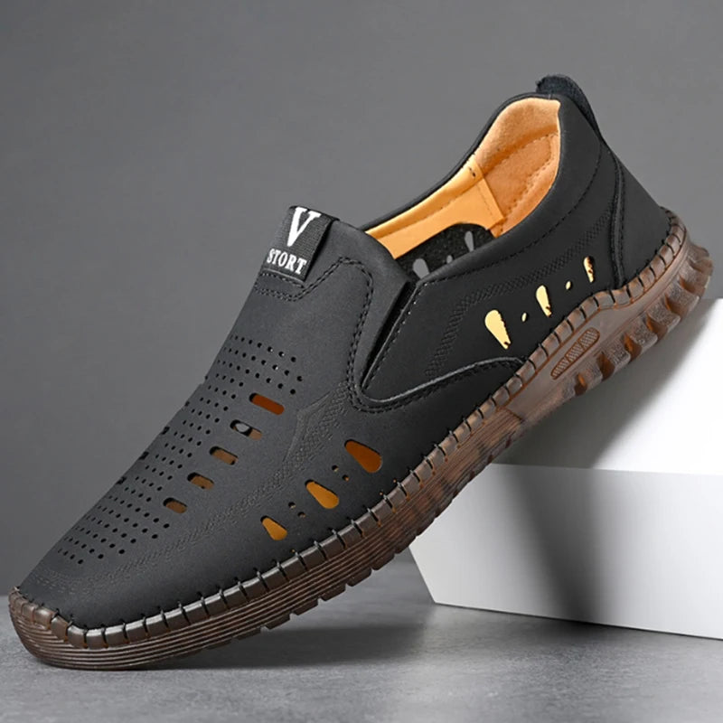 Leather Men's Shoes Thick Soles Breathable Hollow Out Casual Shoes Outdoor Men's Sports Shoes Loafers Shoes Slip On - World Bazaar Life