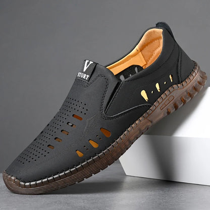 Leather Men's Shoes Thick Soles Breathable Hollow Out Casual Shoes Outdoor Men's Sports Shoes Loafers Shoes Slip On - World Bazaar Life