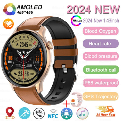 2024 New GPS Smart Watch Women True AMOLED 466*466 HD Screen Health Tracker Sports NFC Voice Bluetooth Call Smartwatches Ladies
