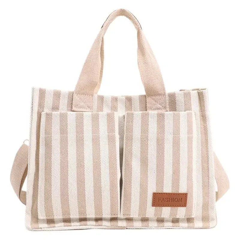 Hot Sale Of The Season New Commuter Large Capacity Trendy Striped Canvas Casual Fashionable Women's Tote Crossbody Bag Soft Nylo-World Bazaar Life