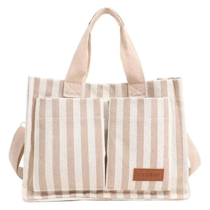 Hot Sale Of The Season New Commuter Large Capacity Trendy Striped Canvas Casual Fashionable Women's Tote Crossbody Bag Soft Nylo-World Bazaar Life