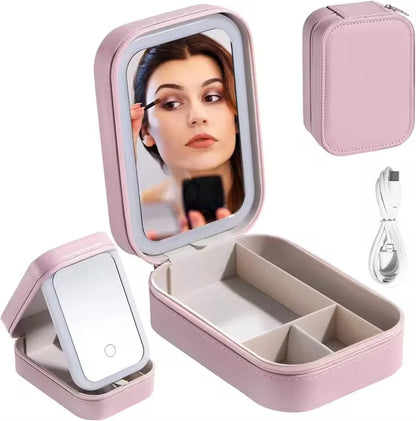 Rechargeable LED Makeup Mirror, Portable Travel Cosmetic Storage Box, Travel Makeup Case with 3-Color Adjustable Light Mirror.-World Bazaar Life