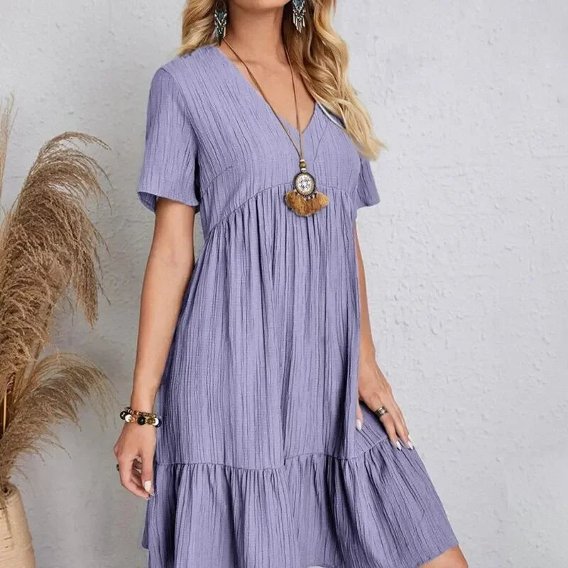 Women Summer Peplum Dresses Spring V-Neck Short Sleeve Loose Waist Ruffle Fit Flare Vocation Dresses-World Bazaar Life