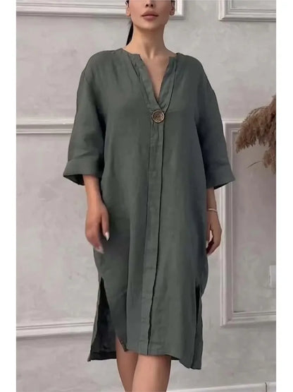 Elegant O-neck Long-sleeved Button Dress For Women Summer Cotton And Linen Solid Color Loose Casual Slit Simple Dress Female