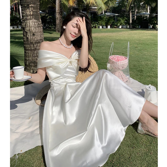 Silk Satin Birthday Dress Long Skirt One Shoulder Strapless Fairy Princess Gown with Bowtie Sweet High Waist A-Line Dress
