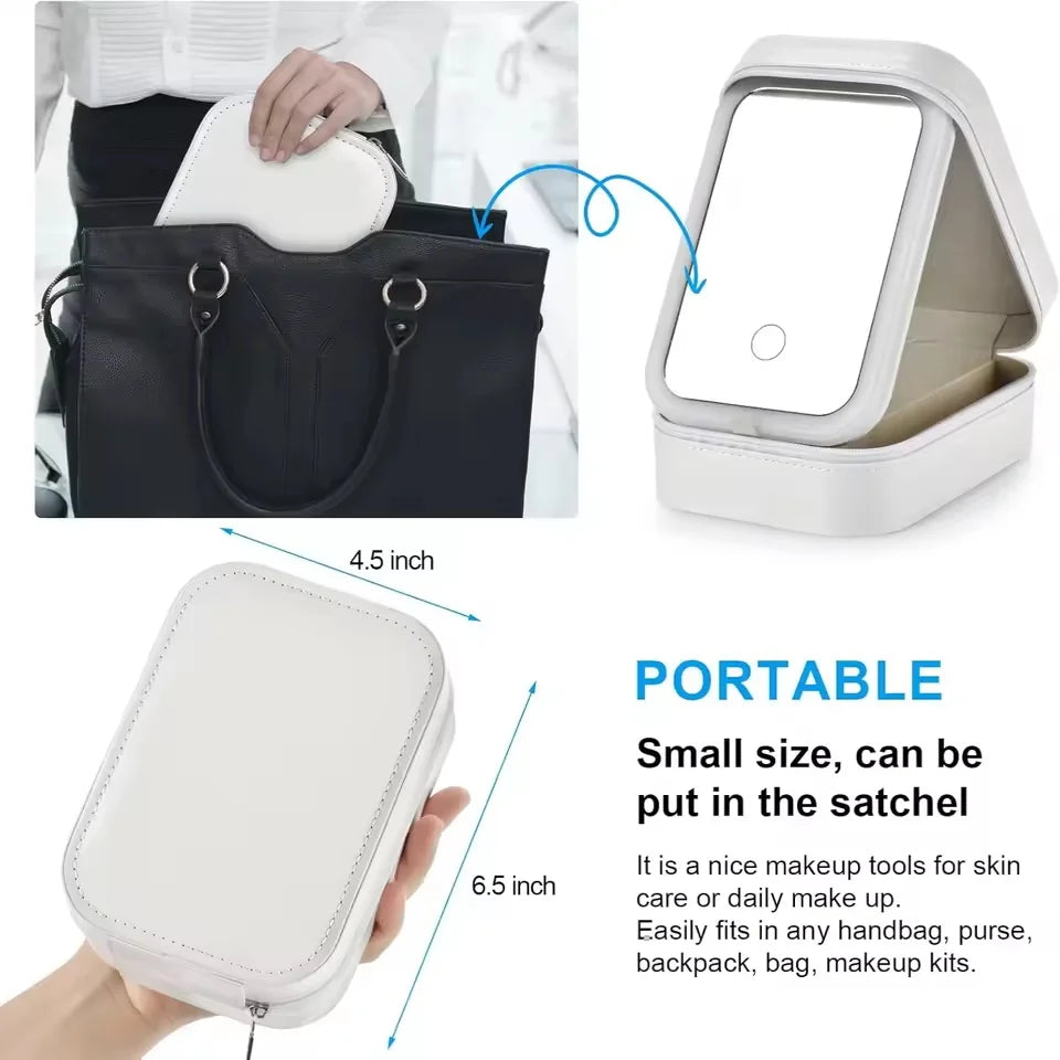 Rechargeable LED Makeup Mirror, Portable Travel Cosmetic Storage Box, Travel Makeup Case with 3-Color Adjustable Light Mirror.-World Bazaar Life