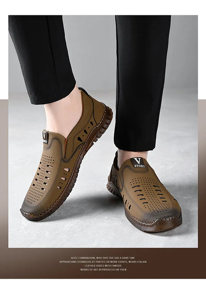 Leather Men's Shoes Thick Soles Breathable Hollow Out Casual Shoes Outdoor Men's Sports Shoes Loafers Shoes Slip On - World Bazaar Life