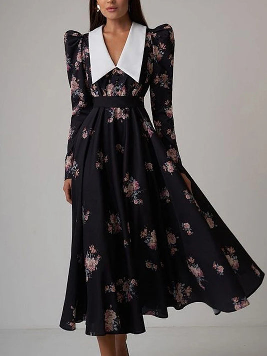 Mumaroho 2023 Winter Spring Women Chic France Midi Dress Floral Printed Long Sleeve V-neck A-Line Flare Long Dress Female