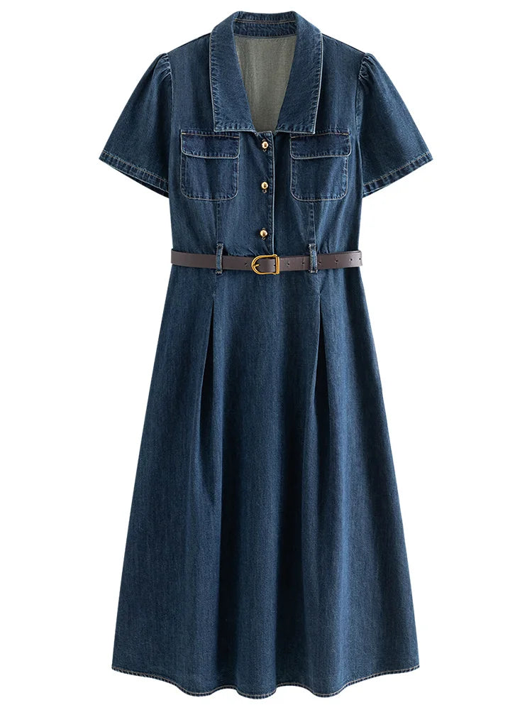 FSLE French Temperament Elegant Retro Denim Dress For Women 2024 Summer New Design High Waist Versatile Long Dress  24FS12236-World Bazaar Life