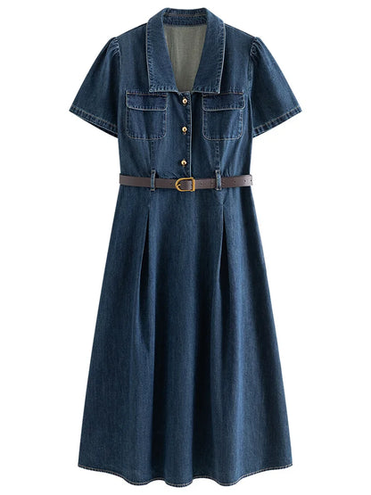 FSLE French Temperament Elegant Retro Denim Dress For Women 2024 Summer New Design High Waist Versatile Long Dress  24FS12236-World Bazaar Life