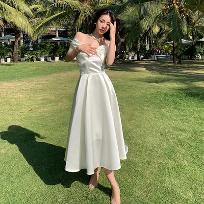 Silk Satin Birthday Dress Long Skirt One Shoulder Strapless Fairy Princess Gown with Bowtie Sweet High Waist A-Line Dress