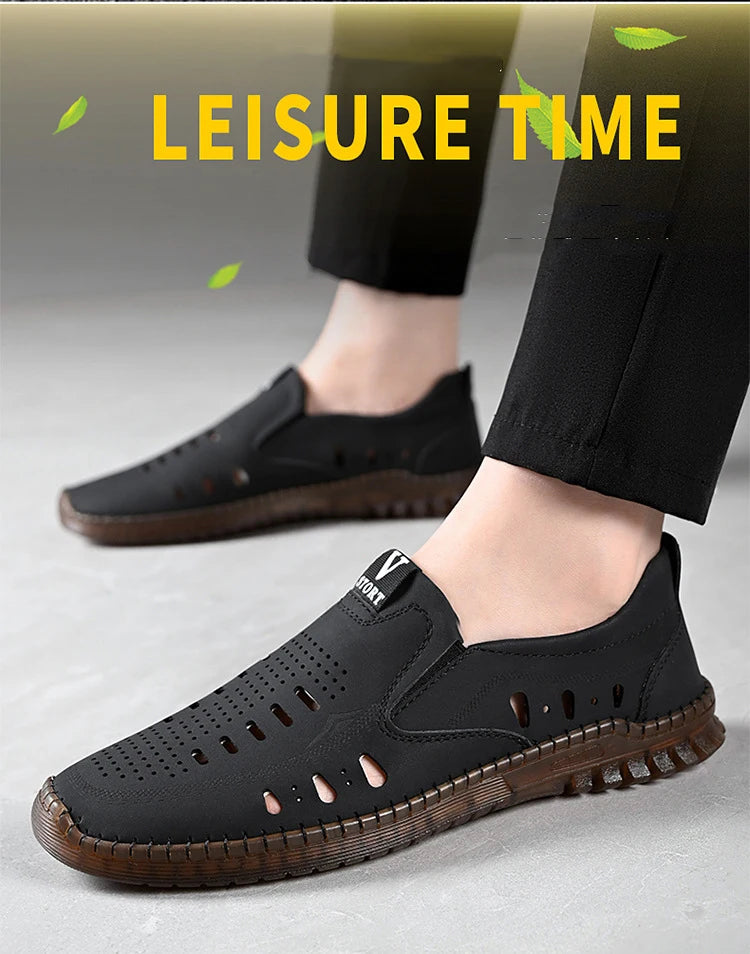 Leather Men's Shoes Thick Soles Breathable Hollow Out Casual Shoes Outdoor Men's Sports Shoes Loafers Shoes Slip On - World Bazaar Life