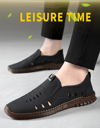 Leather Men's Shoes Thick Soles Breathable Hollow Out Casual Shoes Outdoor Men's Sports Shoes Loafers Shoes Slip On - World Bazaar Life