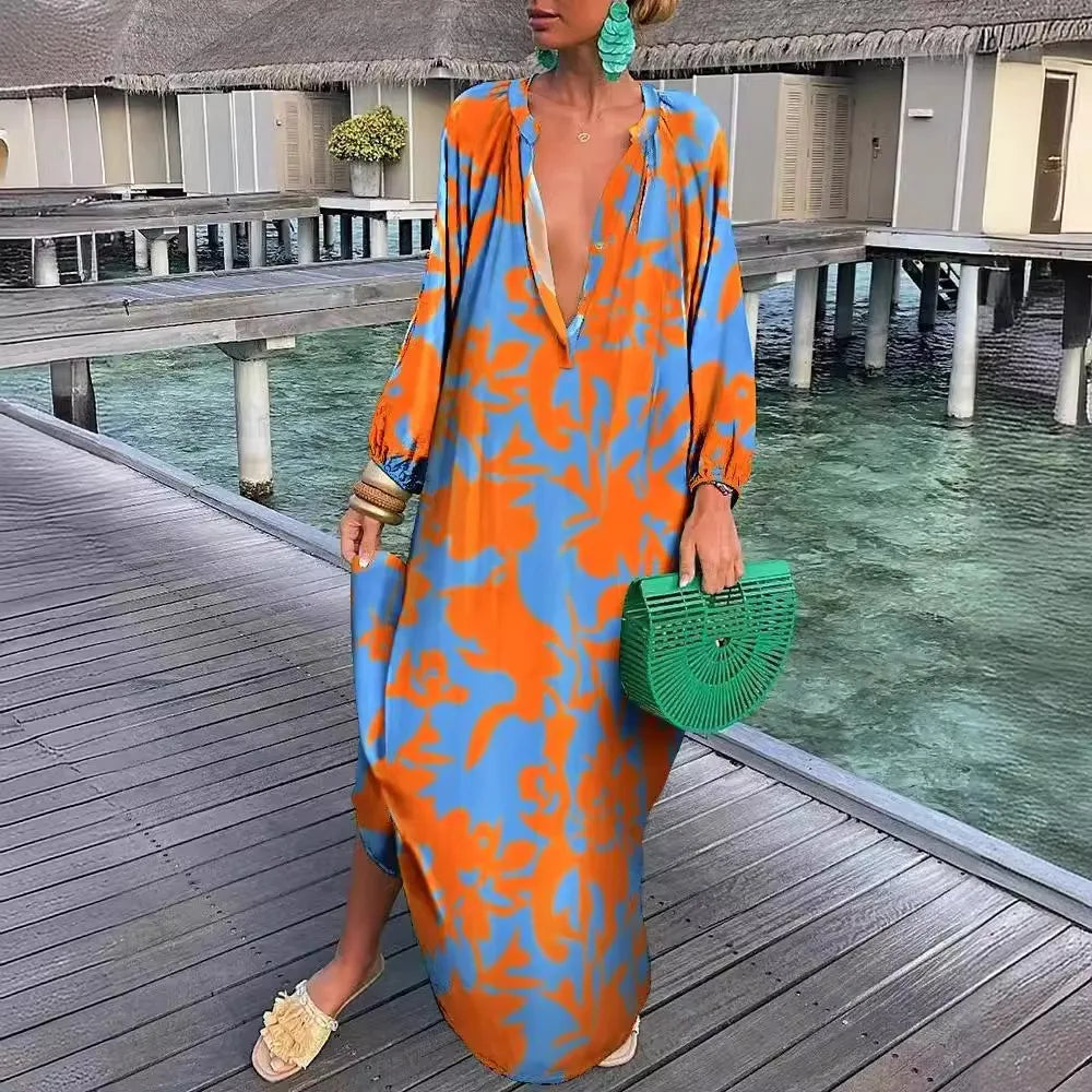 Women Sexy Deep V-Neck Maxi Dresses Autumn Bohemian Lantern Sleeve Printe Long Dress Female Vintage Holiday Beach Cover Up Robe-World Bazaar Life