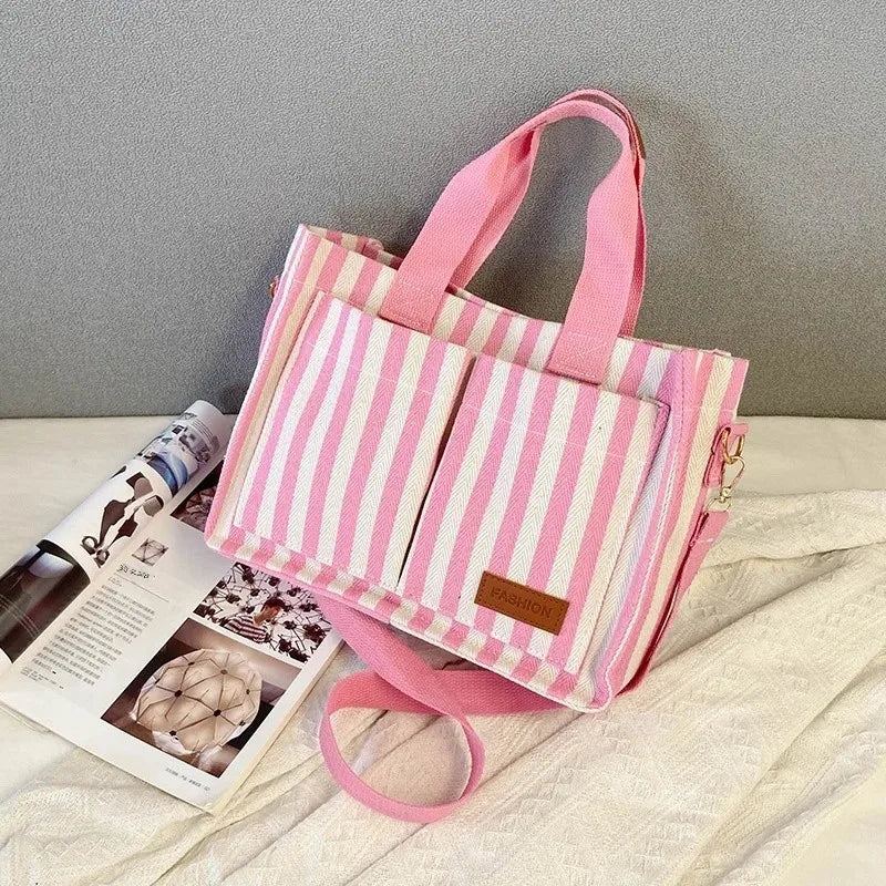 Hot Sale Of The Season New Commuter Large Capacity Trendy Striped Canvas Casual Fashionable Women's Tote Crossbody Bag Soft Nylo-World Bazaar Life