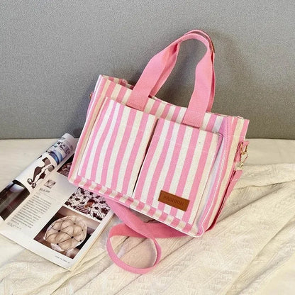 Hot Sale Of The Season New Commuter Large Capacity Trendy Striped Canvas Casual Fashionable Women's Tote Crossbody Bag Soft Nylo-World Bazaar Life
