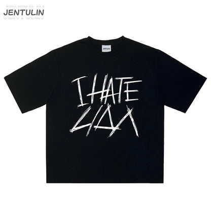 Oversized Men's Clothing Streetwear I HATE LIDA Print Hip Hop Korean Short Sleeve Y2k Tops Tee Cotton Graphic Unisex Tshirt Goth-World Bazaar Life