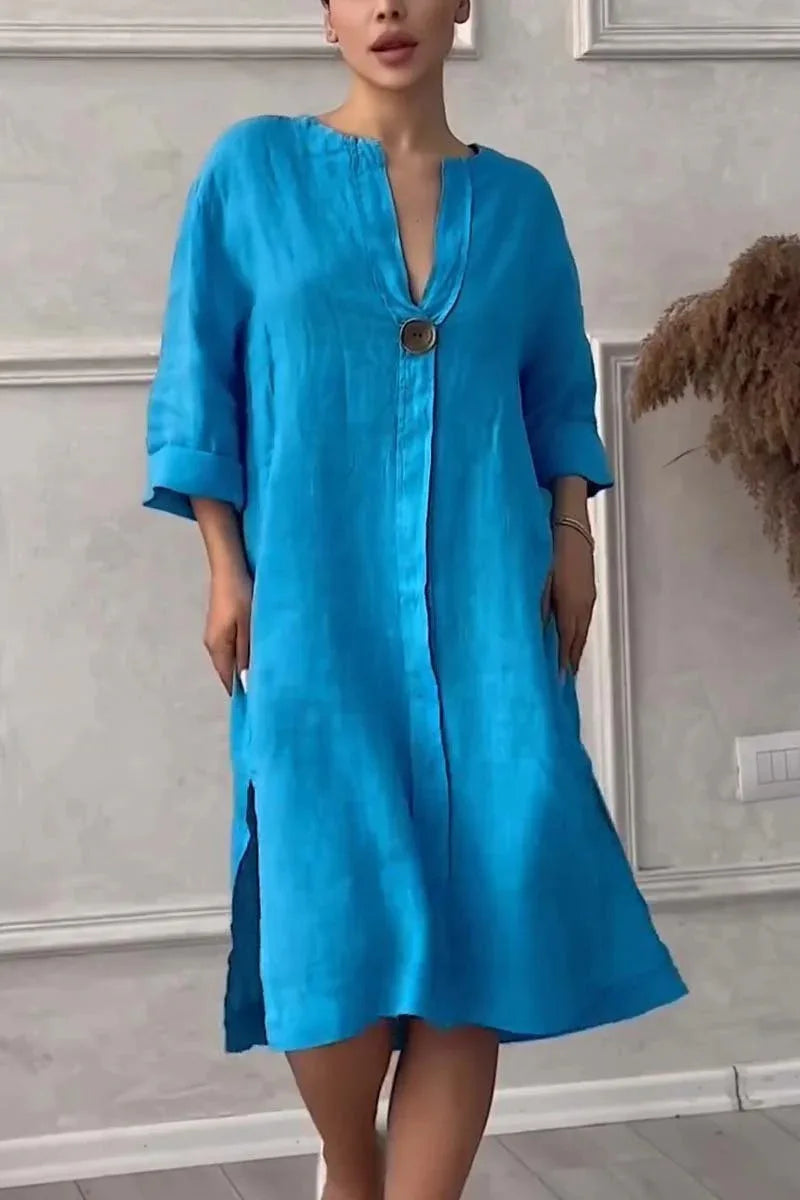 2024 Summer Elegant Cotton Hemp V-Neck Dress – Casual Mid-Length Style